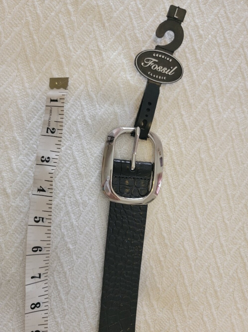 Vintage Fossil Black Croc-Textured Leather Elastic Belt with Silver Buckle